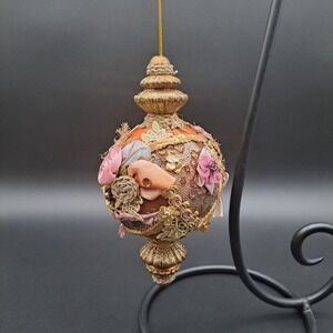 Victorian Style Handmade Lace and Fabric Flower Christmas Ornament Gold Orange